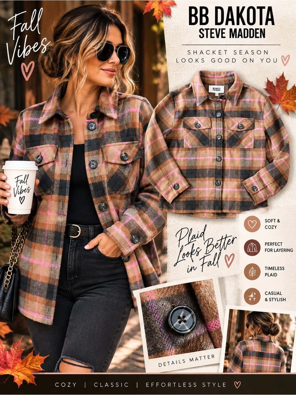 BB Dakota Steve Madden Plaid Shacket Women’s L Brown Pink Boxy Jacket